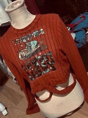 Rust Cropped Graphic Sweater - Cowboy Baby